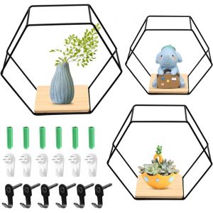 Lot de 3 étagères flottantes hexagonales en métal - Étagères murales géométriques modernes - Étagères murales noires pour décoration de salon, chambre à coucher, décoration pour décorations, - Neuf