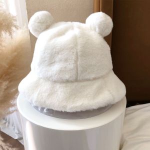 Chapeau Seau Épais En Peluche Léopard, Boule D'oreille D'ours, Casquette De Bassin Pour L'extérieur, Automne Et Hiver-Blanc - Neuf