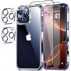 5 en 1 Coque pour iPhone 16 Plus avec 2 Protecteurs d'&iquest;&iquest;cran en Verre Tremp&iquest;&iquest; + 2 Cam&iquest;&iquest;ra Arri&iquest;&iquest;re Protecteur - Transparent Antichoc TPU ?tui Housse, Anti-Rayures, sans Bulles, Anti-Empreintes - Neuf