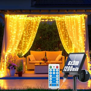 Aiou-Rideau Lumineux Solaire,6x3m 600 Led Lumineuse Solaire Avec Télécommande Minuterie Et Mémoire,8 Modes Rideau Lumineux Intérieur Extérieur Pour Jardin Balcon Tonnelle Noël Mariage Fête Déco - Neuf