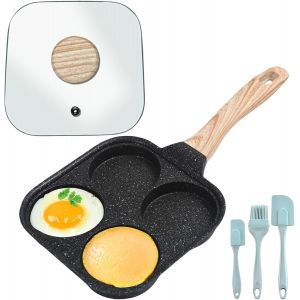 KALANKA-Poêle à ?ufs au plat anti-adhésive à 4 trous couvercle, pinceau à huile en silicone et 2 spatules, poêle à ?ufs manche en bois cuisinière à gaz (noire, 37 cm x 19 x 2,7 cm) XPG9874 - Neuf