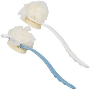 (2 Pack Bleu & Blanc) de Retour d'un Épurateur pour la Douche, le Corps de la Brosse avec des Poils et des Luffa, Luffa sur un Bâton, Maille Éponge pour le Dos, manche Long Exf - Neuf