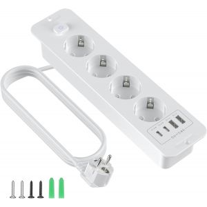Multiprise encastrable avec USB, 4 prises avec USB A et type C, 8 en 1, plateau de table, quadruple encastr&eacute;e, avec rallonge de 2 m, pour bureau, maison (blanc) - Neuf