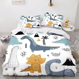 Ulteronixshop-Ensemble de literie pour enfants avec motif de dinosaure, mignon dessin anim&eacute; imprim&eacute; de dinosaures color&eacute;s, d&eacute;coratif et ludique, ensemble de literie pour gar&ccedil;on fille (B, 220 x 240 cm - Neuf