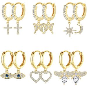 Kal-6/12 Paires Boucles D'oreilles Pendantes Or Pour Femmes Filles Boucles D'oreilles Creoles Pendantes En Zircon Cubique Boucles D'oreilles Perle Evil Eye &Eacute;toile Lune Boucles D'oreilles - Neuf