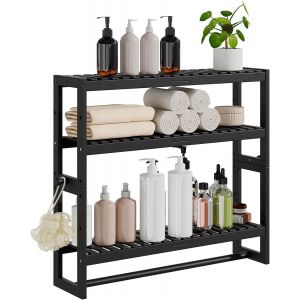 CAUC-&Eacute;tag&egrave;re de Salle de Bain en Bambou, 15 x 59 x 54 cm (P x l x H), 3 Niveaux r&eacute;glables flottants, Fixation Murale ou Support avec Barre, &eacute;tag&egrave;res Debout, Porte-Serviettes (Noir) - Neuf