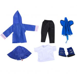 Ensemble de 6 t-shirts, chapeau, impermeable, pantalon, chaussures, parapluie, vetements pour poupee bebe de 45 cm (n480) - Neuf