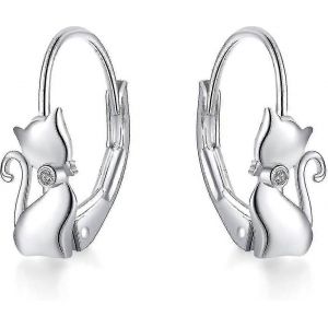 Boucles D'oreilles Cat 925 Argent Sterling Cat Dangle Hoop Boucles D'oreilles, Chat Bijoux Cadeau - Neuf