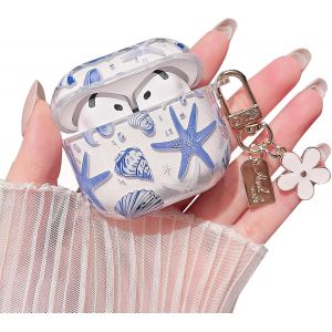 KALANKA-Coque transparente compatible avec AirPods 4, joli motif coquillage et &eacute;toile de mer avec porte-cl&eacute;s, coque de protection en TPU souple antichoc pour AirPods 4 pour femmes et filles (bleu) - Neuf