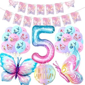 24 Pi&egrave;ces Decoration Anniversaire Papillon, 5 Ans Xxl Ballon Papillon En Papier D'Aluminiu 18 Ballons Latex Couleur Happy Birthday Banderole Decor F&ecirc;te Anniversaire Fille - Neuf