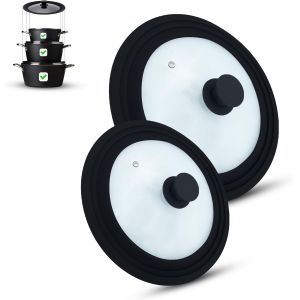 Subzonal-Lot De 2 Couvercles, En Verre, Pour Casseroles Et Po&ecirc;les De 16/18/20 Cm Et 24/26/28 Cm, Avec Soupape D'&eacute;chappement Et Bord En Silicone Noirs - Neuf