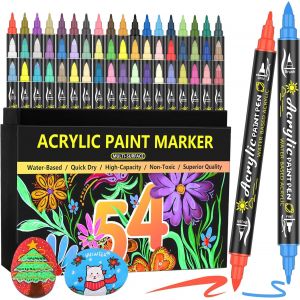 Mevronisshop-54 Couleurs Feutre Marqueur Peinture Acrylique-Acrylic Paint Marker Stylo Peinture Acrylique Pointe Fine & Pinceau Pour Roche Tissu Pierre Bois Verre Papier Plastique - Neuf