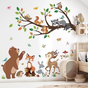 ERYI-Stickers Muraux Animaux Forêt Arbre Branche Autocollant Mural Ours Renard Cerf Décoration Murale Bébé Pépinière Chambre Enfants - Neuf