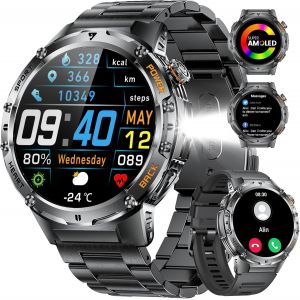 Loc-Montre Connectée Homme Pour Android Ios Avec Appel Bluetooth 1,43"" Amoled Rond Smartwatch Homme Noir Acier 530 Mah Batterie,Lampe De Poche Led,Santé Moniteur,100+ Sport,Podomètre - Neuf