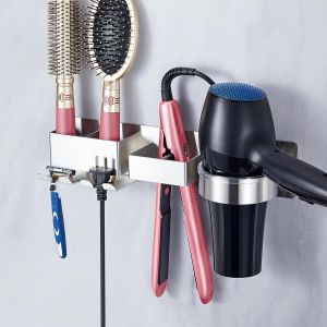KALANKA-Support Seche Cheveux, Porte Seche Cheveux et Lisseur sans percage, Porte Sèche Cheveux avec Range-Câbles et 2 Compartiments de Rangement, Acier inoxydable Porte Seche Cheveux Mural - Neuf