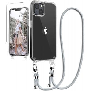 KAL-Cha&icirc;ne De T&eacute;l&eacute;phone Portable - Coque De Protection Pour Iphone 13 Mini - Avec Bande Et Film De Protection - Transparent - Avec Cordon De Suspension - Pour Iphone 13 Mini 6,1"" - Gris - Neuf