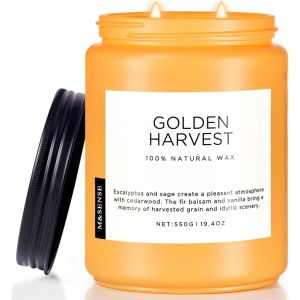Bougie parfum&eacute;es R&eacute;colte dor&eacute;e Grande bougie en soja naturel &agrave; deux m&egrave;ches de 550 g Br&ucirc;lage de 110 heures Lent Senteur eucalyptus et sapin baumier Cadeau de bougie d'automne - Neuf