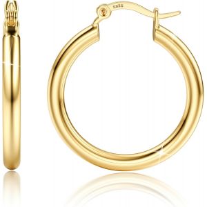 Kal-Boucles D'oreilles Créoles Femme Argent Or, Tige D'oreille Argent 925 Hypoallergénique Plaqué Or 14carats, 4mm Chunky Grand Tube Boucles D'oreilles Pendantes Créoles Bijoux 40mm 50mm 60mm - Neuf