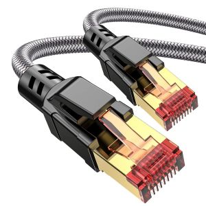 Cat 8 Ethernet Cable 15M, Cat8 Braided Round High Speed (40Gbps 2000Mhz/s) Gigabit Rj45 STP Shielded Internet Lan Cable for Modem Router Computer TV PC - Neuf