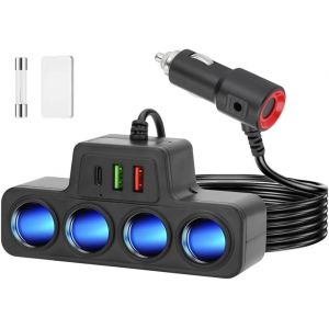 JGD-7-en-1 Multi Prise Chargeur Allume Cigare Adaptateur, 120W 12V/24V 4 Prise Chargeur Allume-Cigare avec 3 Ports(QC 3.0+USB 3.1+PD 3.1) Charge Rapide pour iPhone/Dash Cam/GPS/Tablette - Neuf