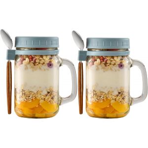 Kalanka-2pcs 450ml Overnight Oats Jars&couvercle Et Cuill&egrave;re Pot Yaourt Avec Marques De Mesure Mason Jars &yaourt Muesli To Go Bocaux D'avoine De Nuit Avec Cuill&egrave;re Pour Lait C&eacute;r&eacute;ales Fruits&bol Mues - Neuf
