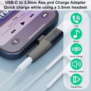 USB C to Jack Adapter 2 in 1 Headphone Adapter USB C to 3.5mm Jack Type C Adapter Compatible with iPhone 15 Pro Max,iPad Pro/Mini 6,Galaxy S24 Ultra S23,Huawei,Xiaomi,Grey - Neuf