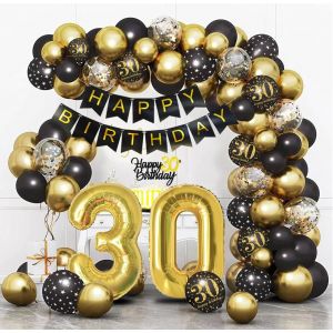 CAUC-Decoration Anniversaire 30 Ans, Noir Or 30 D&eacute;corations Anniversaire de F&ecirc;te, Arche Ballon 30. Anniversaire Kit, Guirlande Happy Birthday Confetti Ballons Deco pour Femme Homme - Neuf