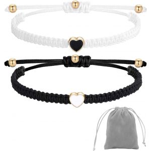 Eryi-Bracelet Connecté Couple, 2 Réglable Main Noir Et Blanc Bracelet En Forme De Coeur Pour Soeur, Meilleur Ami, Ami Proche Avec Sac De Rangement Gris - Neuf