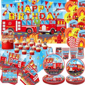 LETNERNY-Décorations De Fête D'Anniversaire Camion De Pompier Pour Accessoires De Fête De Camion De Pompier, Assiettes, Tasses, Serviettes, Nappe, Fond D'Anniversaire, Ballons De Gâteau, Décorations - Neuf