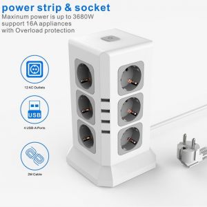 Tour Multiprise Parasurtenseur Parafoudre 12 Prises avec 4 USB 4,5A Ports BLEOSAN - Cordon de 2m - Noir - Neuf