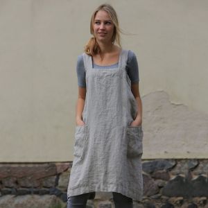 Tablier Carré Pour Femme (Xxxl) - Robe Croisée Dans Le Dos En Mélange Coton/Lin Avec 2 Poches - Gris - Neuf