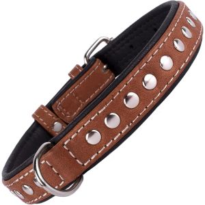 Chenquansarl-Faite &Agrave; La Main Clout&eacute; Collier De Chien, Collier De Cuir V&eacute;ritable Pour Chiens, En Cuir Rembourr&eacute; Doux Chiot Collier Noir Marron Small Medium, Neck Fit 23"" - 26"", Marron - Neuf