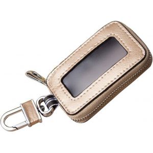 &Eacute;tui pour cl&eacute;s de voiture unisexe en cuir v&eacute;ritable avec fermeture &eacute;clair et fen&ecirc;tre transparente Dor&eacute; - Neuf