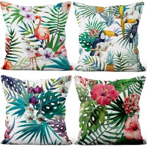 Cauc-Housses De Coussin Lot De 4, Coussin D'été Tropical Couvre Le Motif Fleur Feuille Flamant Rose Doux Court Peluche Carré Taie D'oreiller Pour Sofa Canapé Chambre Chaise Domicile Décor 60x60cm - Neuf