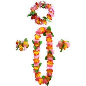 Kal-Colliers De Fleurs Hawaïennes Hula Luau Collier Bracelet Bandeau Hawaïen Colliers Fleurs Hawaïen Pour Carnaval Fêtes Sur La Plage Hawaïenne Pom-Pom Anniversaires (Rose Orangé J) - Neuf