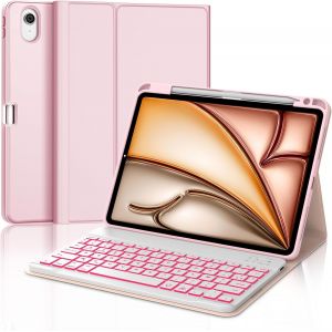 Clavier Ipad Air 11 Pouces M3/M2 (2025/2024), Coque Clavier Azerty Français Rétroéclairé 7 Couleurs Détachable Sans Fil Bluetooth Pour Ipad Air 11 M2 2024/M3 2025 11 Pouces, Rose - Neuf