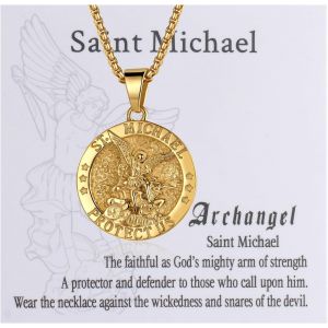 Kal-Collier Acier Inoxydable Homme : Collier Pendentif M&eacute;daille Catholique Saint Michel Archange Rond Vintage Cha&icirc;ne R&eacute;glable D'oreille De Bl&eacute; Avec Gravure Amulette - Cadeau Anniversaire - Neuf