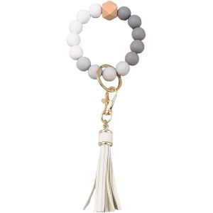 Kal-Porte Cl&eacute;s En Silicone Avec Perles Pour Femme Bracelet En Silicone Porte Cl&eacute;s Cha&icirc;ne Porte Cl&eacute;s Avec Pompon En Cuir Pu Blanc Et Fermoir &Agrave; Vis Dor&eacute; Pour Cl&eacute;s De Voiture - Neuf