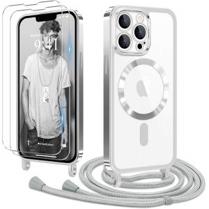 Kal-Coque Pour Iphone 13 Pro Avec Cordon De Collier + 2×Verre Trempé, Coque Transparente Silicone Tpu Bumper Etui Housse Avec Cordon Réglable, Coque Magnétique Pour Iphone 13 Pro Argent - Neuf