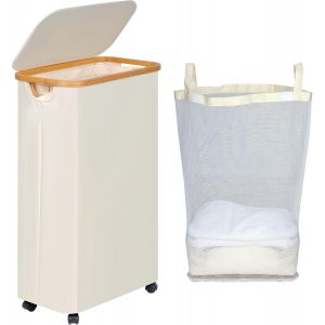 Panier &agrave; Linge sur RouesPanier &agrave; Linge &eacute;troit 75L avec couverclePanier &agrave; Linge Pliable avec Poign&eacute;es en Bambou et sac Amovible pour la Chambrela Salle de Bainla Buanderie - Neuf