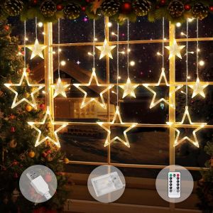 KAL-Rideau Lumineux Étoiles, Guirlande Lumineuse Étoile 3.5M, Led Lumineux Intérieur 8 Modes Avec Télécommande Usb/Batterie Ip44, Fenêtre Noël Lumière Étoiles - Neuf