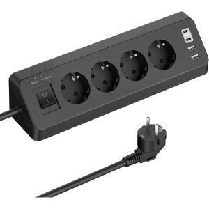 JGD-Multiprise Electrique Parasurtenseurs 4 Prises avec 2 Ports USB A+2 Ports USB C, Prise d'angle avec Interrupteur et C&acirc;ble 2M, Noir - Neuf