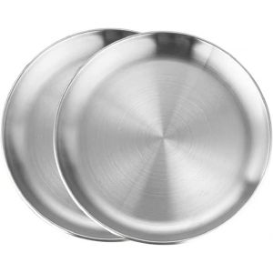 Checarzhn--No1-Lot De 2 Assiettes Rondes En Acier Inoxydable Argenté - Assiettes De Service - Assiettes De Service - Assiettes De Service - Assiettes De Barbecue Pour L'extérieur, Les Fêtes, Les - Neuf