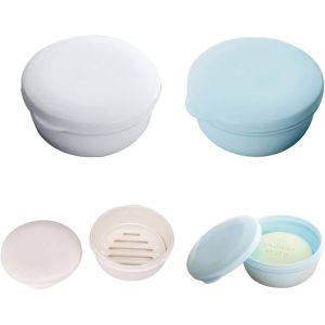 Le bleu et le Blanc porte-Savon en Plastique avec de Séchage de la Couche de Portable pour Voyage - Set de 2 Boîtes de Savon (Ronde) - Neuf