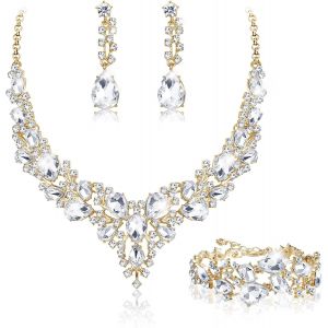 Eryi-Parure Mariage Bijoux Pour Femme Cristal Mariée Collier Vintage Strass Boucle D'oreille Et Bracelet Ensemble Mariage Fiançailles Mariée Demoiselle D'honneur Fantaisie Cadeau Bijoux - Neuf