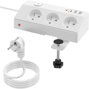 Multiprise de Bureau 7 en 1 avec 3 Sorties AC Fran&ccedil;aise,4 Ports USB,Protection Anti-Surtension,C&acirc;ble 2m, Interrupteur,4000W/16A,Multiprise de Table pour Bureau/Maison - Neuf
