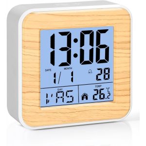 Kal-Reveil Écran Lcd,Réveil Numérique À Piles,Avec Température Et Calendrier,8 Langues,12/24h,Avec Fonction Snooze,Rétroéclairage Pour Voyage, Chambre, Bureau (Texture Couleur Bambou) - Neuf