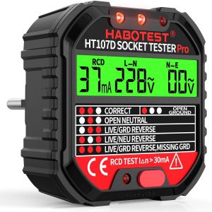 Testeur de Prise, Testeur de Circuit Electrique Courant Automatique D&eacute;tecteur de Tension de Polarit&eacute; 90-250V/45-65Hz, 6 Tipi di Diagnosi di Errore, Test RCD/Affichage de Tension - Neuf