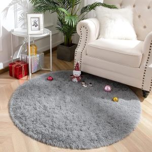 Sjzg-Tapis Rond Salon Shaggy Descente De Lit Chambre Grande Taille Tapis Avec Le Fond Antid&eacute;rapant,Tapis D&eacute;coratif De Style Moderne Pour Salon Chambre Canap&eacute; Natte(Gris,120 X 120 Cm) - Neuf