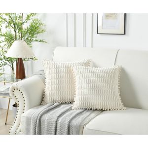 Cauc-Lot De 2 Housses De Coussin Décoratives Douces En Velours Côtelé Avec Pompons De Style Bohème Pour Décoration De Canapé, 45 X 45 Cm, Blanc Crème - Neuf